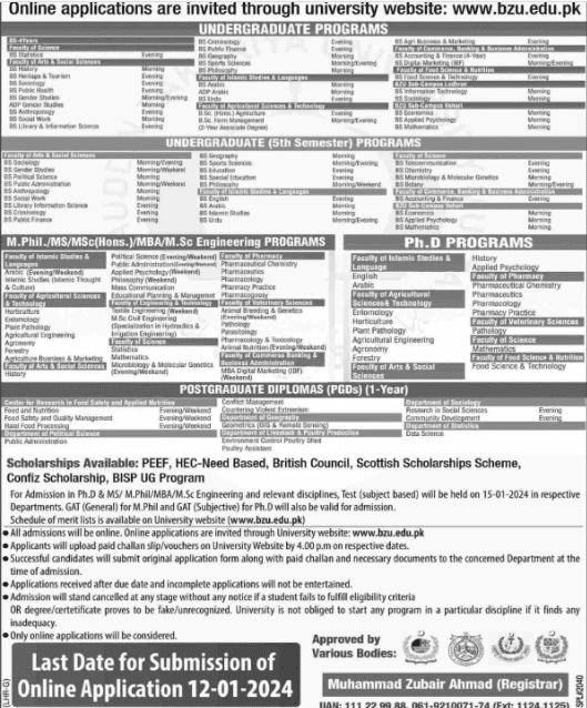 Advertisement for Bahauddin Zakariya University Multan Admission 2024.