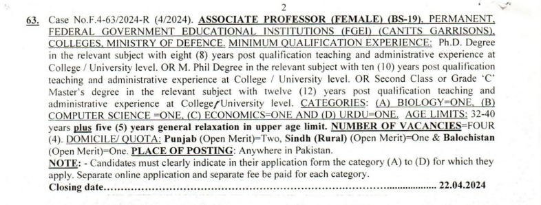 FPSC Associate Professor Jobs 2024 Advertisement