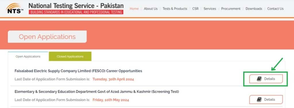 Image taken from NTS website to show how to apply online for FESCO jobs 2024