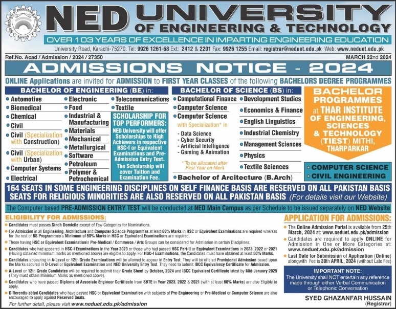 NED Admissions 2024 Official advertisement
